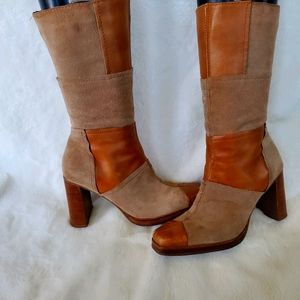 Tan patchwork vintage suede block heels